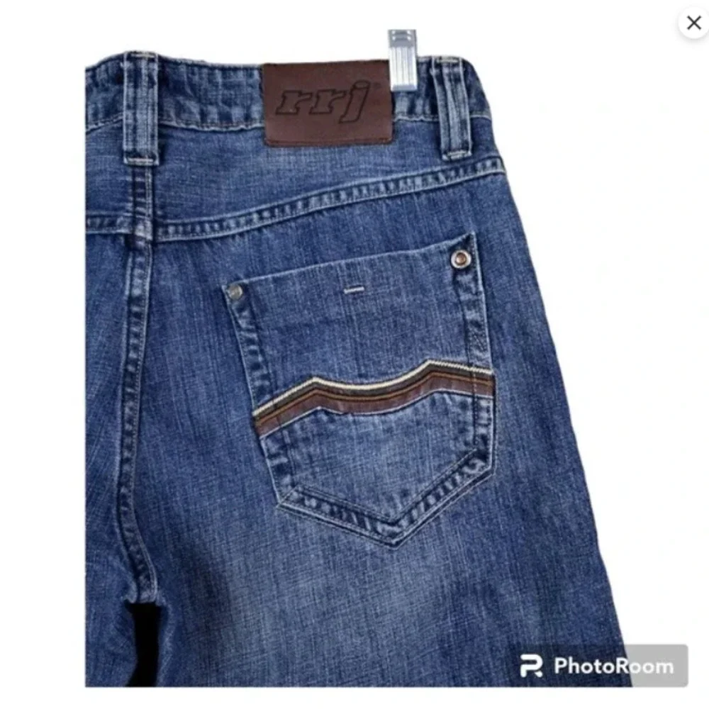 RRJ Original Jeans Men's Straight Blue Jeans Size 34 Blue Embroidered 5 Pocket